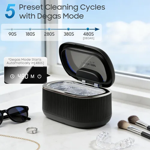Vista 5 de Limpiador ultrasónico de joyas de 45 kHz para anillos, gafas, plateadas y Negro
