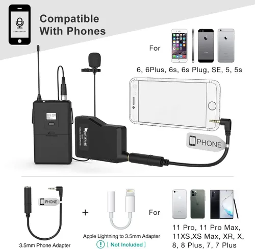 Vista 5 de FIFINE Sistema de Micrófono Inalámbrico, conjunto de micrófono inalámbrico con auriculares y micrófonos de solapa Lavalier, transmisor de cinturón