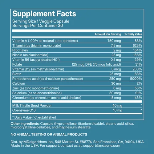 Vista 6 de MDacne Vitaminas y minerales suplementos para limpiar la piel (paquete de 3) - 30 cápsulas veganas - Apoya el tratamiento tópico del acné y promueve