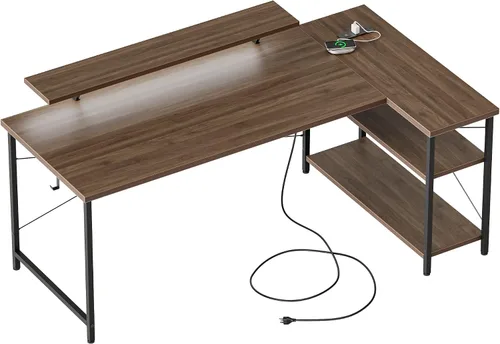 Vista 17 de Mericonia Escritorio pequeño en forma de L para computadora con tomas de corriente, escritorio de juegos para espacios pequeños, escritorio