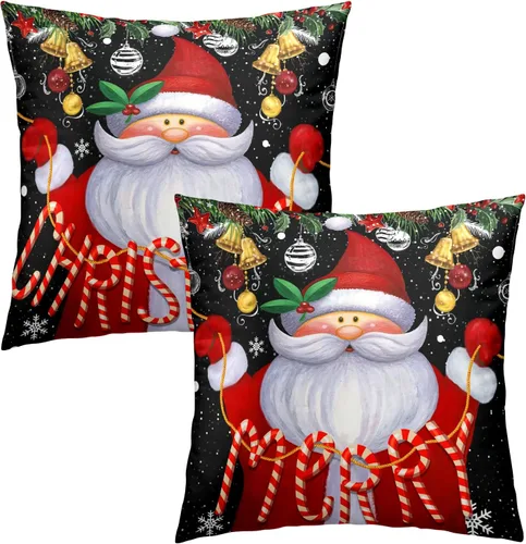 Vista 2 de Giwawa Juego de 2 fundas de almohada navideñas de 18 x 18 pulgadas, fundas de almohada de algodón rústico de Papá Noel de granja para sofá
