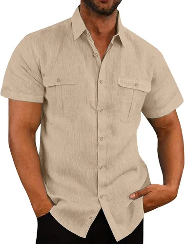 Vista 8 de Men's Cuban Guayabera Linen Shirts Solid Color Casual Short Sleeve Button Down Shirt Summer Beach Tops with Pockets