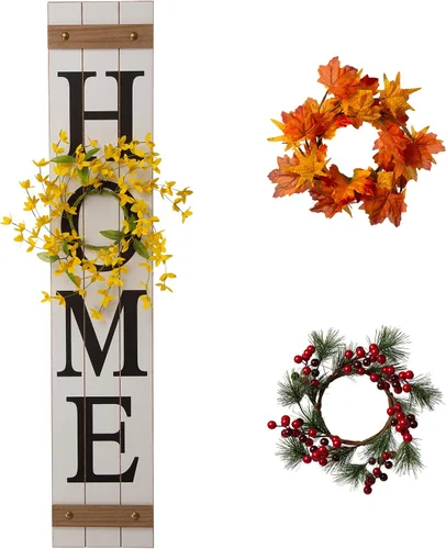 Vista 11 de Glitzhome - Letrero con palabra en inglés «Welcome» para puerta delantera, porche, rústico, de madera, con 3 coronas de flores intercambiables