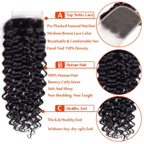 Vista 6 de Cabello humano rizado con cierre de encaje de 4 x 4, cabello humano prearrancado Jerry rizado ondulado 12A sin procesar brasileño virgen cierre