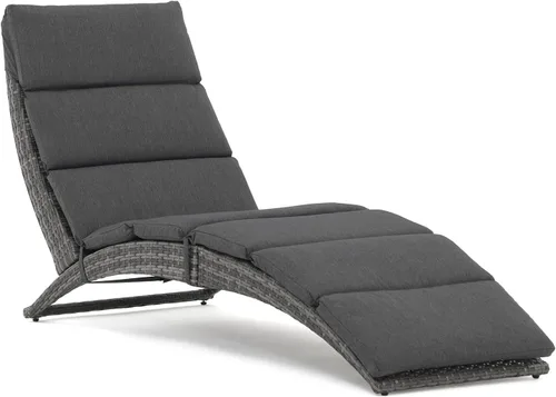 Vista 5 de JOIVI Tumbona para patio, tumbona para exteriores, tumbona plegable de ratán PE con cojín extraíble gris oscuro, adecuado para piscina, jardín
