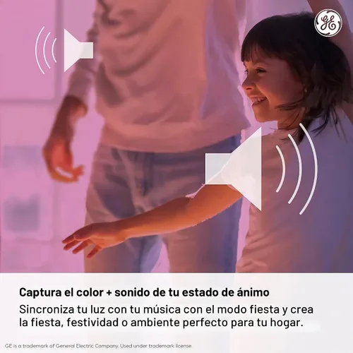 Vista 6 de GE LED+ A21 Bombilla LED, Luz LED Interior con Cambio de Color, Altavoz Inalámbrico Bluetooth con Control Remoto, 9W, Multicolor y Blanco Cálido
