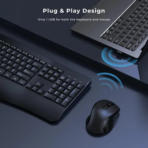 Vista 6 de Combo ergonómico de teclado y mouse, teclado inalámbrico de computadora de tamaño completo con reposamuñecas de palma mouse ergonómico