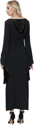 Vista 5 de NANAMEEI Disfraz de bata con capucha para mujer, vestido largo con bloques de color, vestidos de Halloween para cosplay