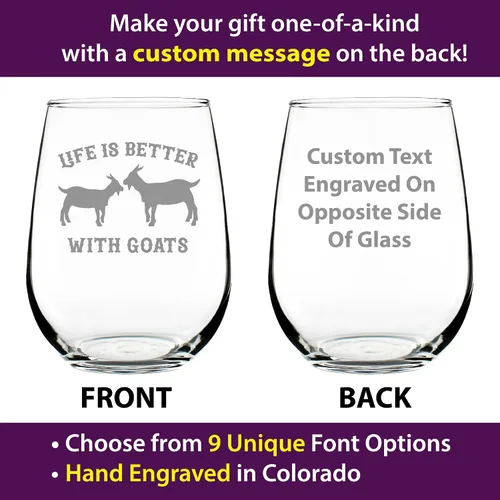 Vista 2 de Custom Life Is Better With Goats - Personalized Stemless Wine Glass - Funny Farm Animal Themed Decor and Gifts - Large 17 Ounce - Customized Wine