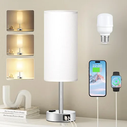 Vista 17 de Fenmzee Juego de lámparas de mesa pequeñas táctiles regulables de 2 a 3 vías, carga USB A + C, salida de CA, base de grano de madera, bombillas