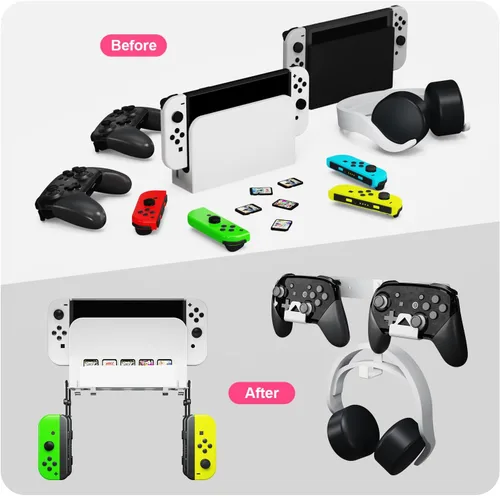 Vista 7 de EJGAME Soporte de montaje de pared compatible con Nintendo SwitchOLED, kit de montaje de pared de metal con ganchos para colgar auriculares