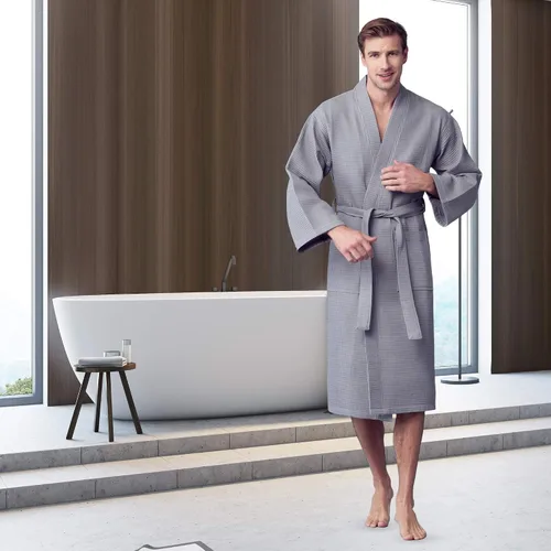Vista 3 de Lotus Linen Bata de baño de algodón SPA para hombre, bata suave de lujo para hombre