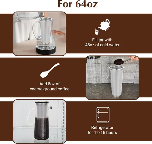 Vista 4 de Paquete de 3 filtros de café frío para tarros Mason de boca ancha de 64 onzas, filtro de acero inoxidable 304, filtro de malla ultra fina