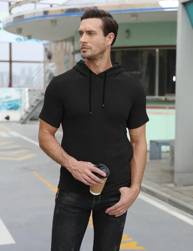 Vista 3 de KELLORENA Sudadera con capucha para hombre, elástica, de manga corta, ligera, acanalada, para gimnasio