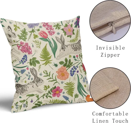 Vista 4 de Juego de 2 fundas de almohada de primavera de 16 x 16 pulgadas, diseño de conejo, flores rosas, hojas verdes salvia, plantas botánicas vintage