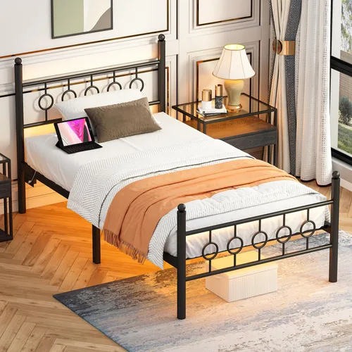 Vista 7 de Jenmit Bases de cama individuales con cabecero, estructura de cama LED con estación de carga, plataforma de metal, almacenamiento bajo la cama,