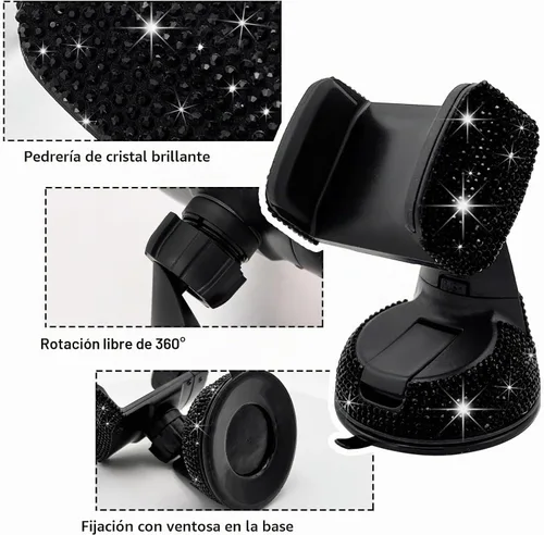 Vista 3 de Bling Soporte de Teléfono para Coche, Soporte de Teléfono Ajustable en 360 Grados de Cristal para Salpicadero y Ventilación de Coche, Soporte Negro