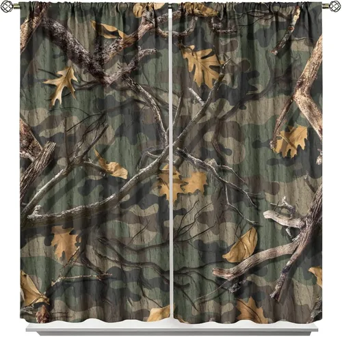 Vista 36 de Cortinas opacas de camuflaje de bosque, animales salvajes, osos, ciervos, alces, con bolsillo para barra, para sala de estar, dormitorio, decoración