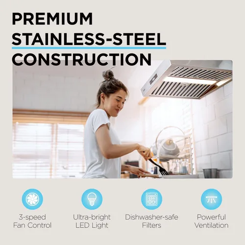 Vista 5 de Ivation Campana extractora de 30 pulgadas para debajo del gabinete, 600 CFM, ventilación de 3 vías, luz LED y reloj integrados, temporizador