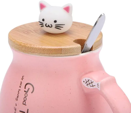 Vista 9 de TOPINCN Taza de cerámica con diseño de gato lindo con cuchara y tapa de madera, taza de té y agua para leche para oficina en casa (12.8 fl oz)