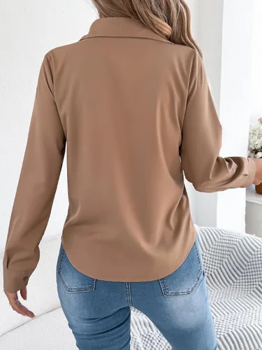 Vista 6 de Blusa de manga larga plisada con cuello y botones para mujer, elegante blusa de oficina