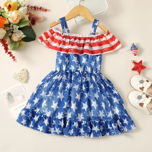 Vista 2 de Sanpersonlin Vestido de verano para niñas pequeñas, vestido de bandera americana, 4 de julio, estrellas y rayas, vestidos de princesa de gasa