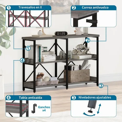 Vista 3 de BON AUGURE Mesa de entrada, mesas consola de 47 pulgadas para entrada, mesa estrecha para sofá para sala de estar, estantes de madera de 3 niveles