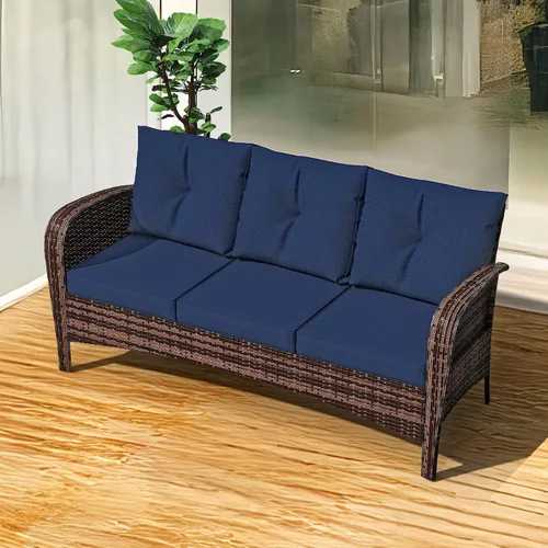 Vista 9 de Sofá de 3 asientos para patio de 73 pulgadas, sofá de mimbre de mimbre, asiento profundo con marco de acero, muebles de conversación al aire libre