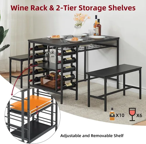 Vista 4 de IDEALHOUSE Juego de mesa de comedor para 4, juego de mesa de cocina para 4 con 2 bancos, juego de mesa de comedor rectangular con estante para Negro
