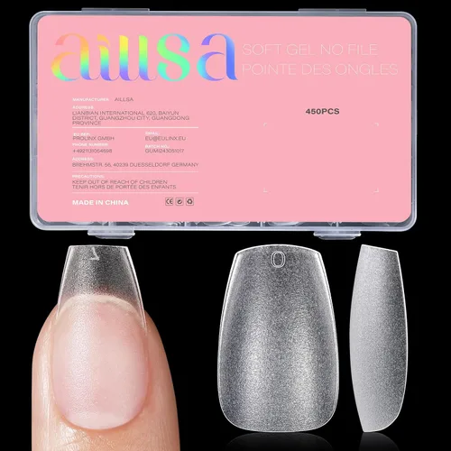 Vista 13 de AILLSA - Puntas de uñas de ataúd extra cortas de cobertura completa, puntas de uñas transparentes de gel acrílico 450 puntas de uñas postizas