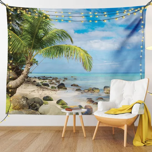 Vista 9 de Lunarable Tapiz de playa tamaño King, romántico paisaje tranquilo de playa, palmeras en la isla del Caribe, fotografía de naturaleza, colcha