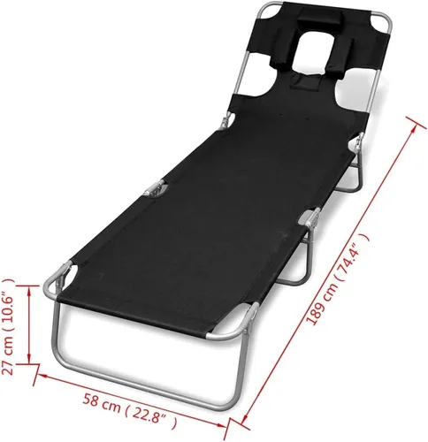Vista 2 de Sillas de playa ligeras para adultos, tumbona plegable con cojín para la cabeza, acero recubierto de polvo, negro, sillón reclinable de campamento