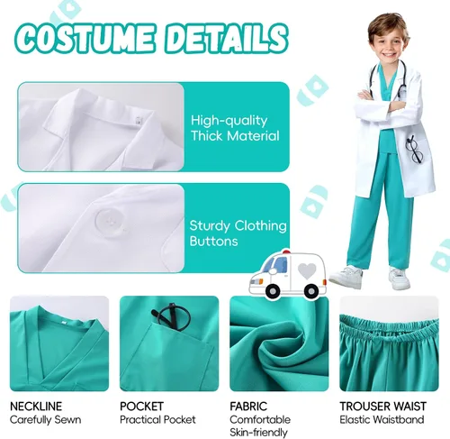 Vista 3 de FUNSENLY Disfraz de Doctor para Niños - Conjunto de Disfraces de 8 Piezas para Niños, Disfraces de Halloween para Niños Pequeños para Niñas y Niños