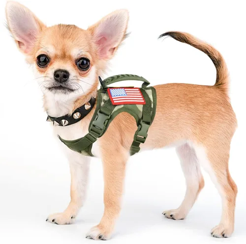 Vista 9 de Chaleco táctico de servicio para perro, K9 ajustable militar de trabajo, resistente al agua, cómodo chaleco para perro MOLLE con asa (XS, caqui)