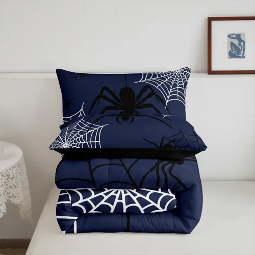Vista 6 de Castle Fairy Spider Web Comforter Set,Happy Halloween Theme Hippie Bedding Sets for Kids Teens Adults,Black Spider Wild Animal Silhouette Comforter