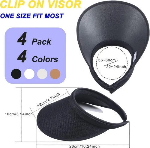 Vista 5 de MULIMU Paquete de 4 viseras solares de ala ancha para mujer, protección UV UPF50+, visera de golf con clip, One Size-Medium