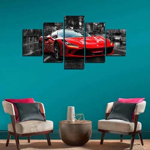 Vista 6 de Póster de pared en blanco y negro, 5 piezas, diseño de automóvil deportivo rojo grande, lienzo para habitación de niños, dormitorio, sala de estar