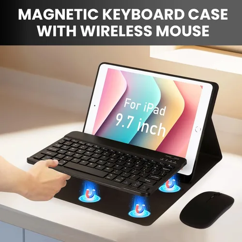 Vista 7 de SOPPY Funda con teclado Bluetooth con mouse para iPad de 6ª/5ª generación, iPad Pro de 9.7 pulgadas, Air 1/2, teclado inalámbrico desmontable