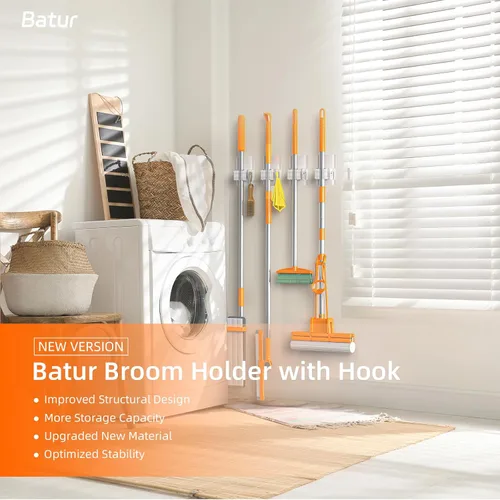Vista 2 de Batur Soporte de pared para escoba, paquete de 4 soportes adhesivos para trapeador y escoba, soporte de pared, súper antideslizante, organizador