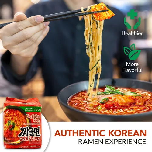 Vista 3 de Pulmuone - Fideos coreanos Ramyun no fritos, paquete de 4 fideos instantáneos coreanos sabor a estofado de kimchi, fácil de cocinar, auténtico ramen