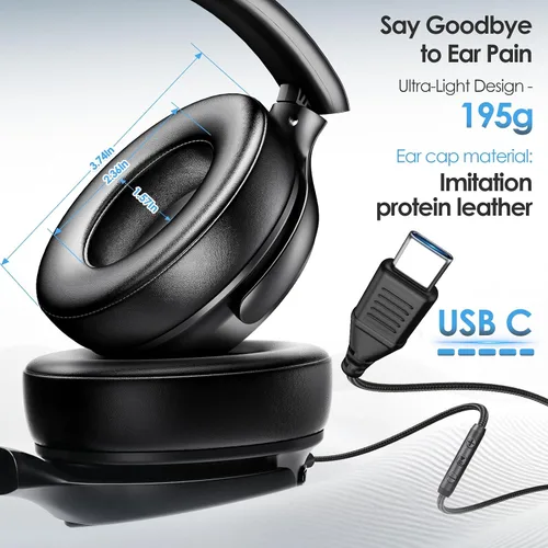 Vista 2 de Auriculares USB C con cable sobre la oreja con micrófono HD, auriculares plegables con cancelación activa de ruido