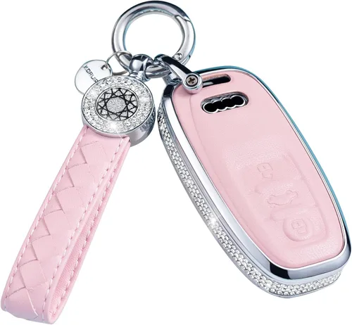 Vista 24 de Funda para llave inteligente con llavero, de piel auténtica color rosa, con cristales, carcasa protectora