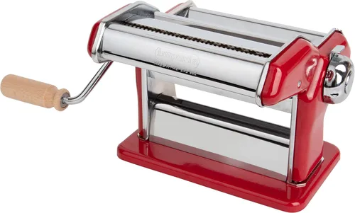 Vista 4 de Imperia Máquina para hacer pasta, color rojo, fabricada en Italia, construcción de acero resistente con esfera de fácil bloqueo, mango de agarre