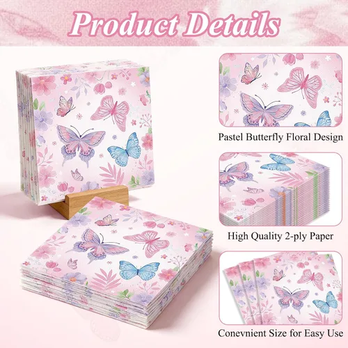 Vista 3 de Paquete de 40 servilletas de papel para fiesta de mariposa, 13 x 13 pulgadas, desechables, diseño floral de mariposa, suministros de fiesta