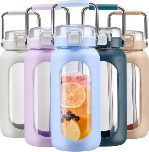 Vista 22 de BLUEGO Botella de agua de vidrio de 64 onzas con mango de acero inoxidable, botella de agua grande con marcadores de tiempo y funda de silicona Ámbar
