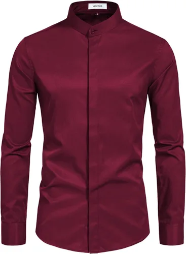 Vista 8 de Camisas de vestir con cuello mandarín para hombre, manga larga, estilo casual, elegantes y de un solo color Negro
