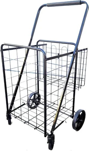 Vista 2 de Carrito de compras plegable Jumbo de alta resistencia, con cesta doble y ruedas giratorias de 360°