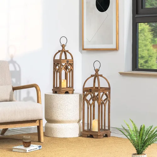 Vista 12 de Glitzhome Faroles decorativos de madera para velas, faroles con marco de madera para ventana de iglesia, para boda, chimenea, entrada, hogar, patio