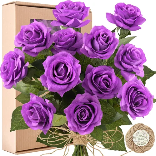 Vista 32 de FiveSeasonStuff 12 tallos de flores artificiales azul hielo, rosas de seda de tacto real para decoración de boda, en caja de regalo Azul helado