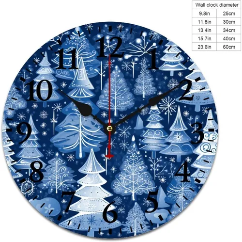Vista 2 de Reloj de madera con árboles de Navidad y copos de nieve, reloj de pared redondo azul para interiores, funciona con pilas, silencioso, sin ruido